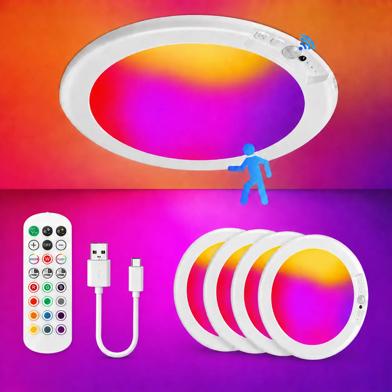 2/3-Pack Modern Wireless RGB&White Ceiling LED Lights, 8000mAh Rechargeable Motion-Sense ABS Plastic Lamp with Remote Control, Indoor Ceiling Spot for Bedroom, Kids Room, Led Lights Bedroom
