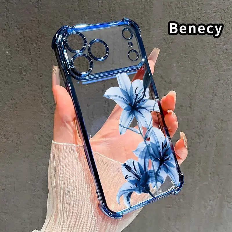 Blue Lily Grace Pattern Four Corner Anti-Fall Phone Case Transparent Electroplated Protective Cover for iPhone 18 17 16 Pro Max 15 Plus 14 13 12 11 E Air