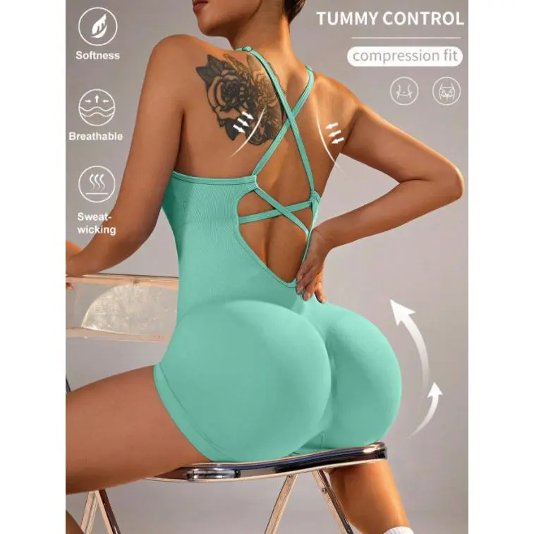 Women's Solid Sports Romper Breast pads can be detached BreathableHigh Stretch Knitting Romper for Yoga RunningLadies Sportswear for Indoor Outdoor Wear GymClothing Athleisure Style Stylish Activewear GymWorkout Clothes Fitness Activewear
