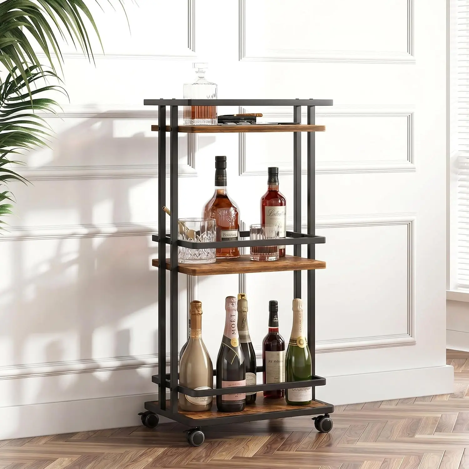 3-Tier Bar Cart with Wheels & Storage Shelves for Home Kitchen | Beverage Serving Cart, Doubles as Coffee Bar Cabinet, Sturdy 3-Tier Frame, Smooth Rolling Wheels, Ideal for Home