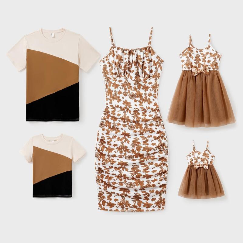 PatPat Family Matching Colorblock Cotton Tee or Flora Print Strap Body-con Dress or Mesh Splicing Dress