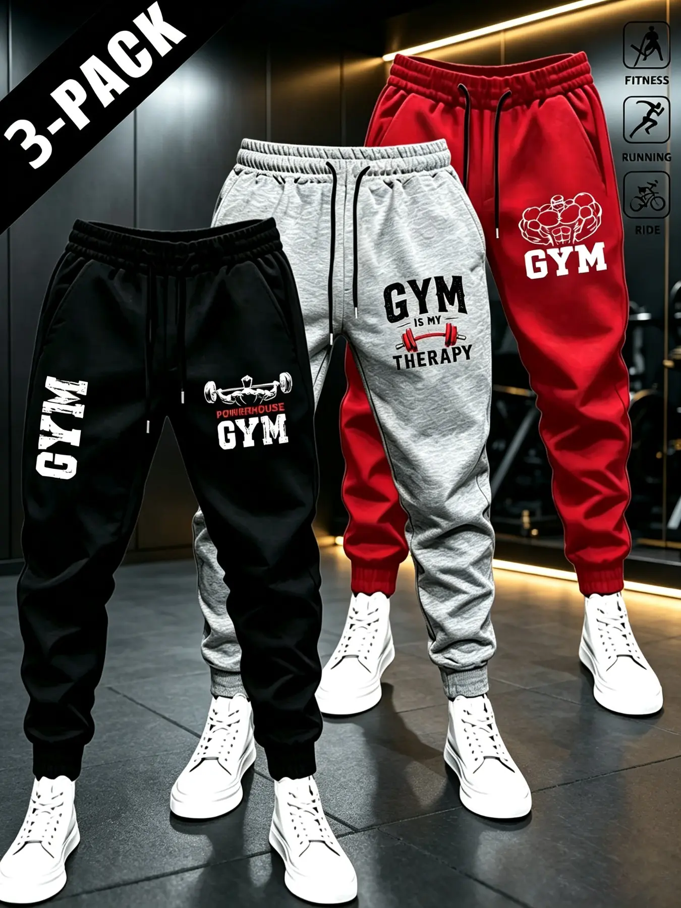 3-Pack Men's Fitness Printed Cargo Pants, Casual Elastic Waist Drawstring Sportswear, Daily Workout Fitted Long Pants for Fall&winter