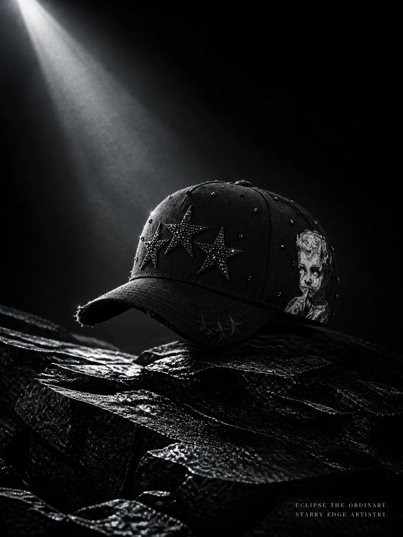 Black cap with three black rhinestone stars. Shushing child graphic and skull rose embroidery on the side. Distressed frayed brim.