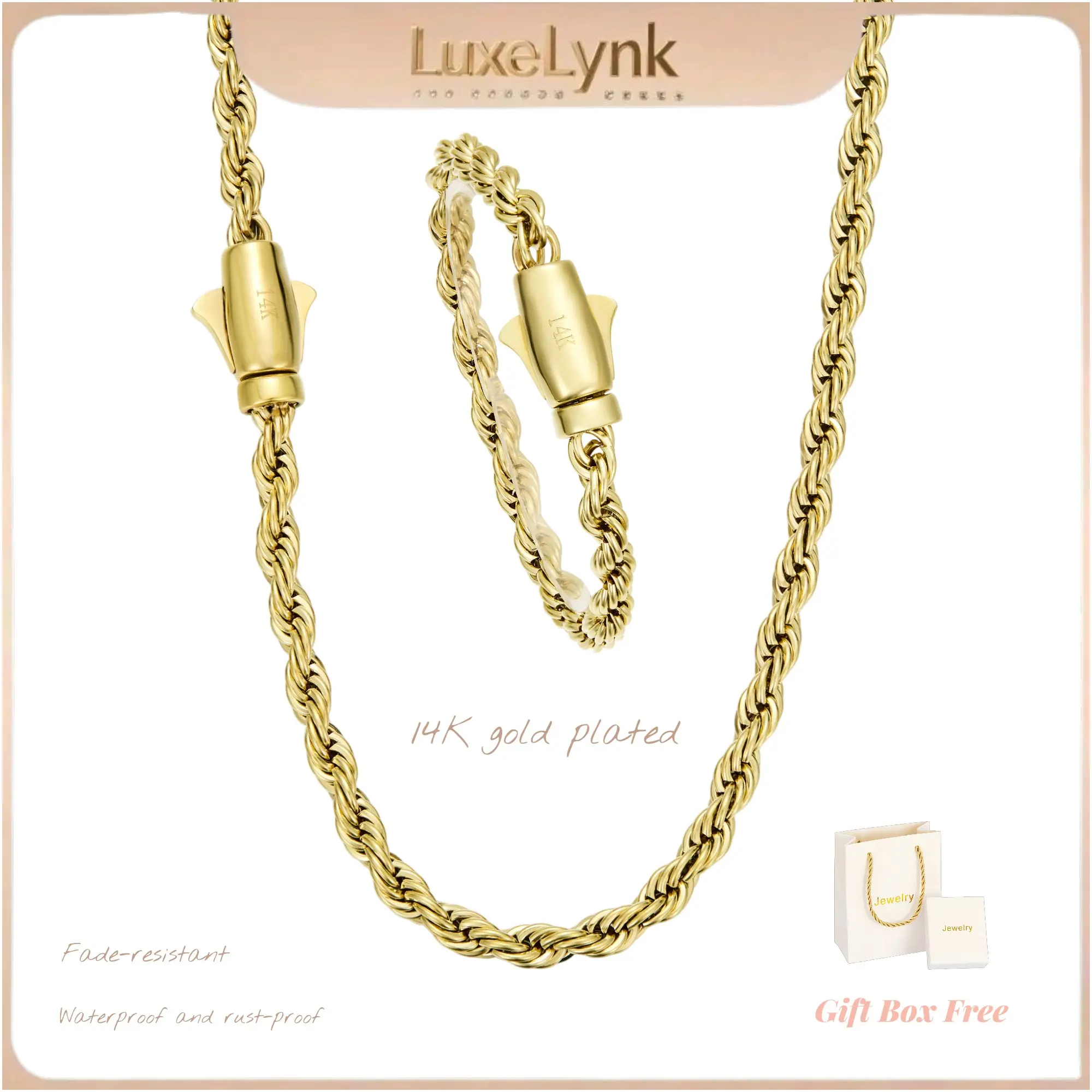 【Set】14K Gold-Plated Rope Chain (6mm Width). Necklace sizes: 16/18/24/30 inches; Bracelet sizes: 7.5/8.5 inches. Unisex; classic style.