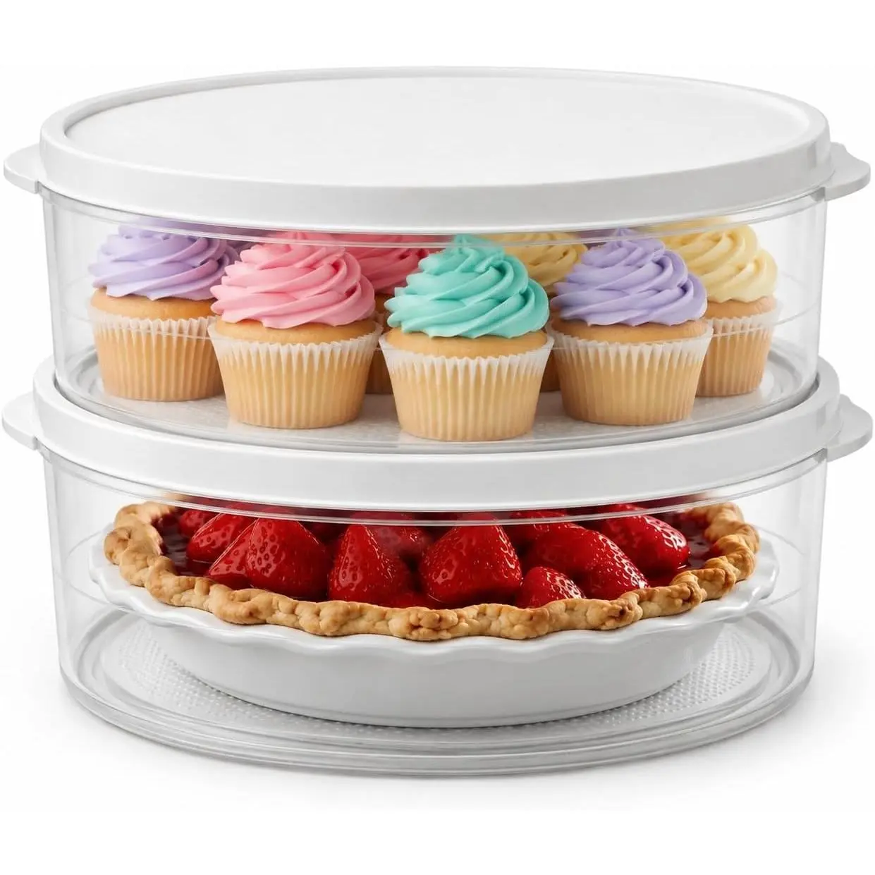2-Pack 11-Inch Pie and Cake Container with Lids for Storage | Two clear BPA-free carriers measure 11 x 11 x 3.5 inches and fit pies up to 10 inches wide; secure lids aid travel & storage.