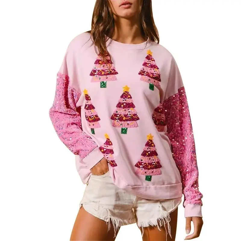 Women Christmas Sweatshirt Long Sleeve Crew Neck Elk Print Hoodie Pullover for Casual Daily