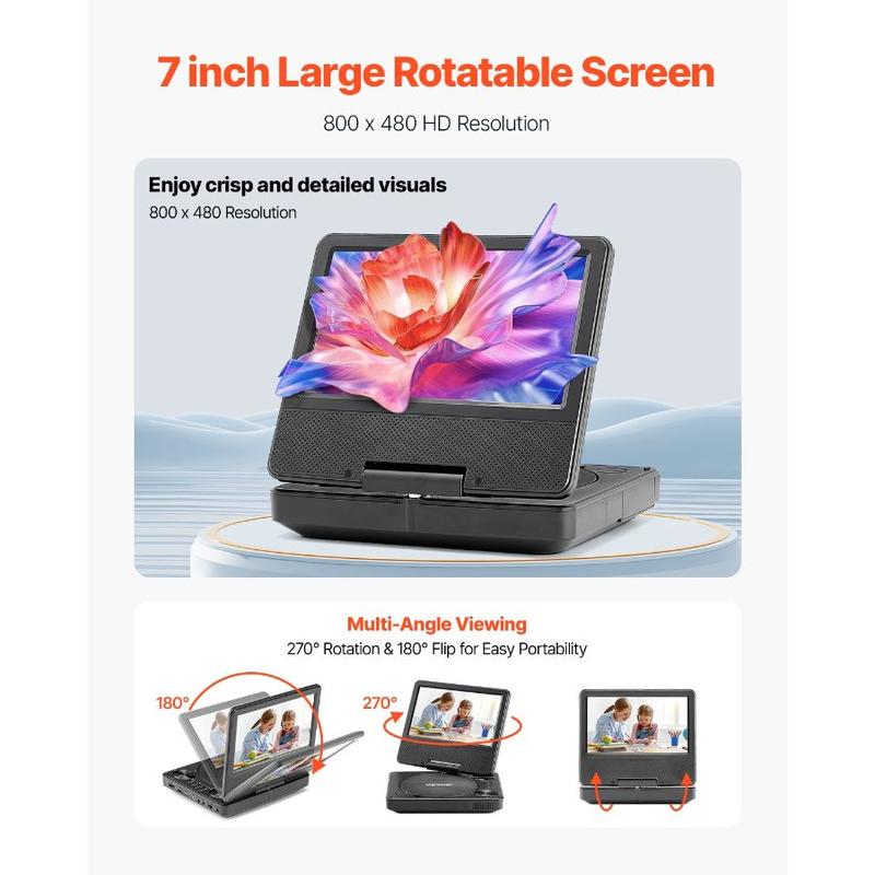 VEVOR Portable DVD Player, 9 inch HD Swivel Display Screen, 4 Hours Built - in Rechargeable Battery, Dual Speakers, Support Sync TV/USB/SD Card/CD/DVD, Car Charger, AC Power Adapter, Remote Control