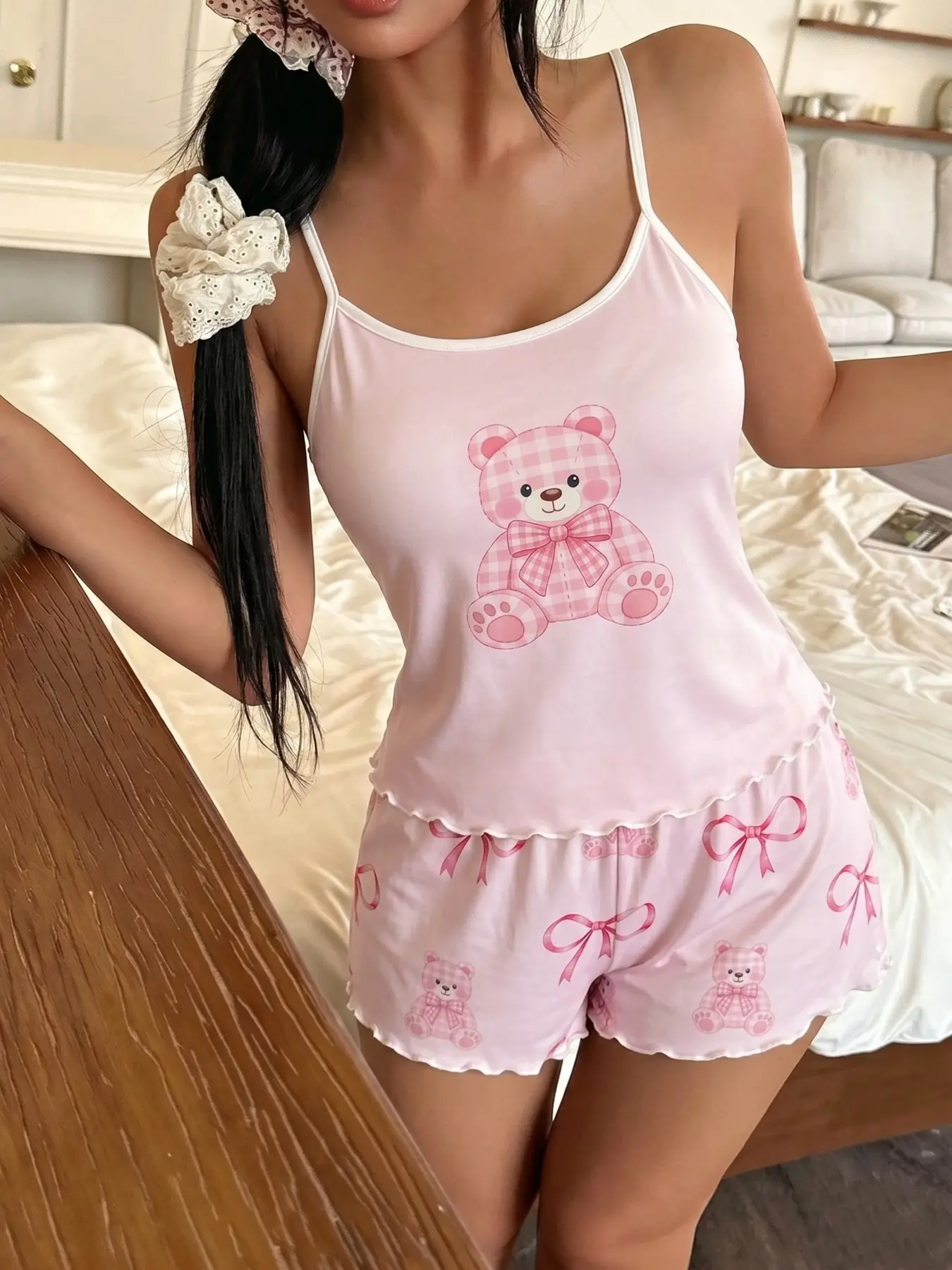 Women's Casual Pajama Set, Cute Bear Print Spaghetti Strap Sleeveless Sleepwear, Lightweight Comfortable Home Wear for Daily Use and Relaxing Nights