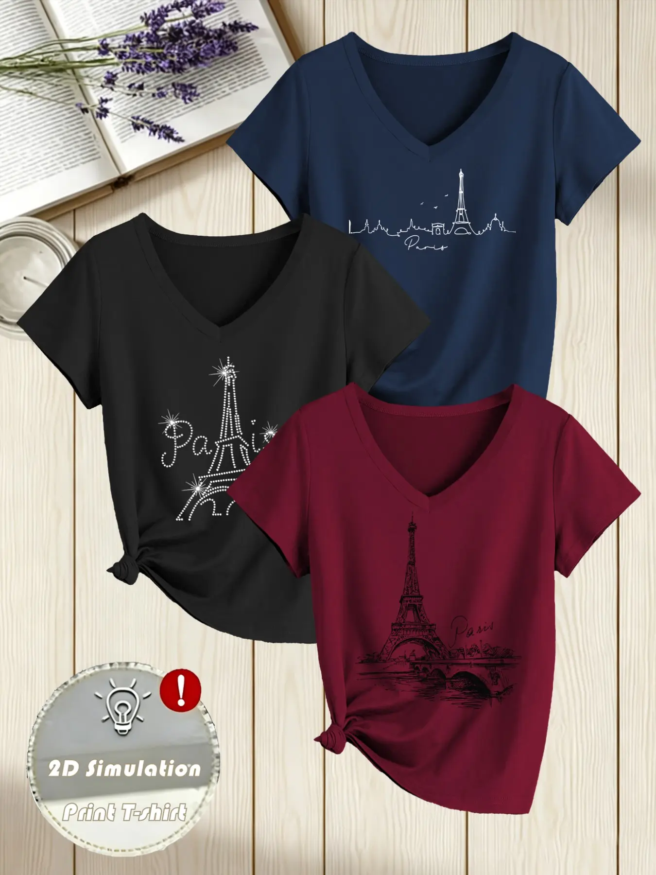 Women's 3-Pack Paris Eiffel Tower Print T-Shirts, Fashion V-Neck Short Sleeve, Soft Comfortable Fabric, Casual Style Tops