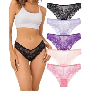 Women's Seamless Cheeky Lace Panties, 5-Pack No-Show Breathable Skin-Friendly Stretchable Bikini Underwear