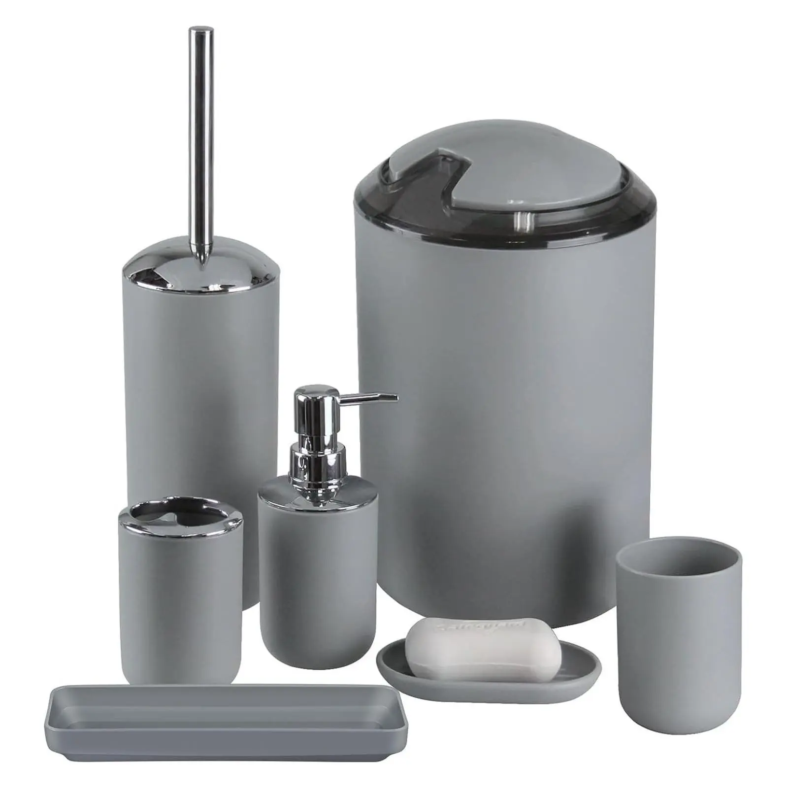 7-Piece Grey Bathroom Accessories Set with Tray, Toilet Brush, and Trash Can – Perfect for Modern Bathroom Décor and Housewarming GiftsGift