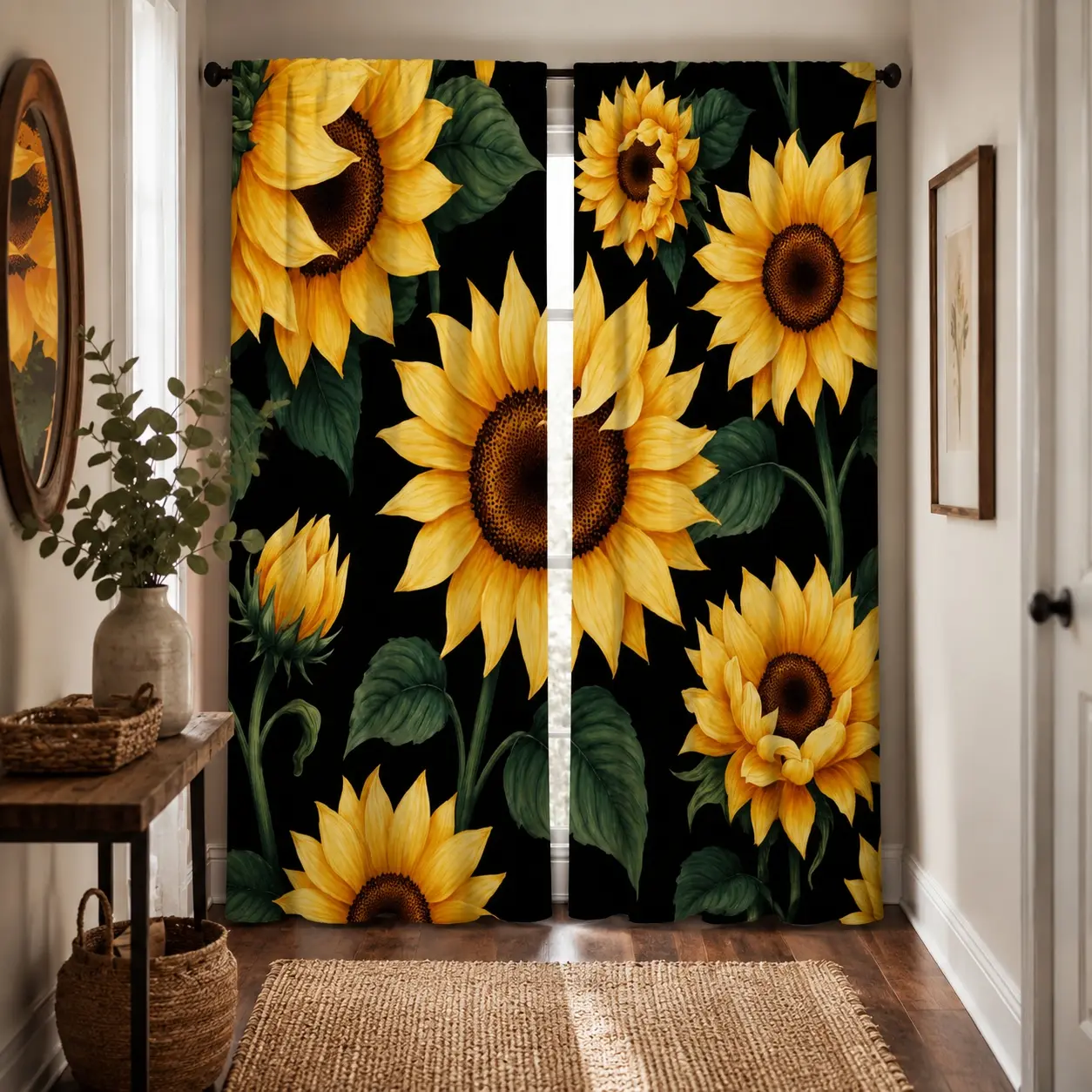 Polyester Sunflower Yellow Flower Print Black Curtains - Sun-Protective, Fade-Resistant, Durable, Dustproof High-Contrast Window Drapes, Machine Washable for Living Room, Bedroom Home Decor, Flowers, Machine Wash