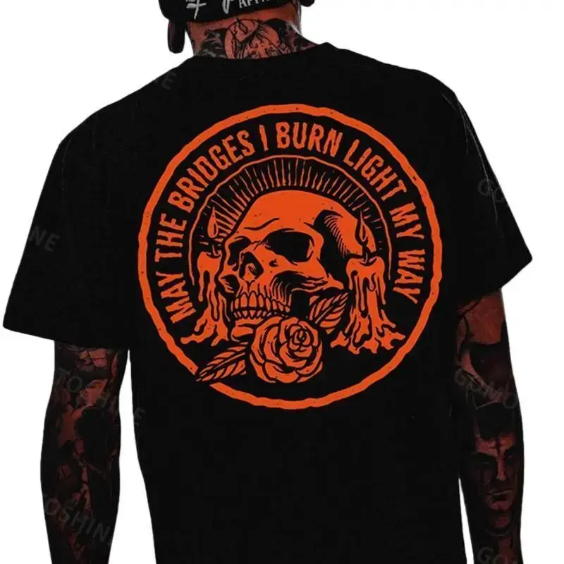 Men's Cotton Skull Print T-Shirt - Back Printing, Smooth, Soft, Streetwear Fashion, Casual Classic Sports Top for Outdoor Activities