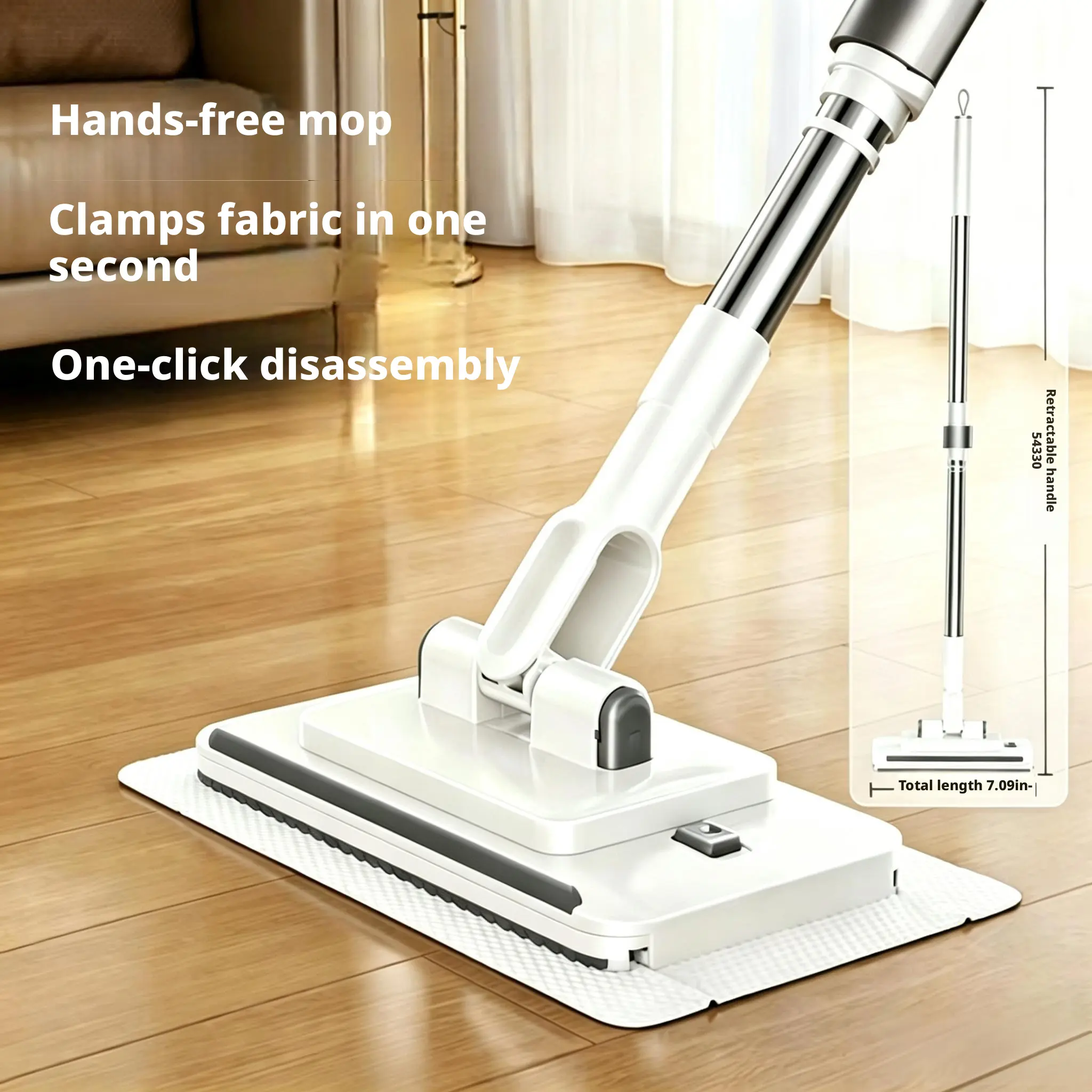 Clamping-Type Retractable Disposable Flat Mop - Hands-Free Automatic Clamp Head, Dry and Wet Use, Replaceable Non-Woven Fabric Pads, Lazy Cleaning Hacks Tool for Quick Floor Cleaning on Wooden, Tile Floors