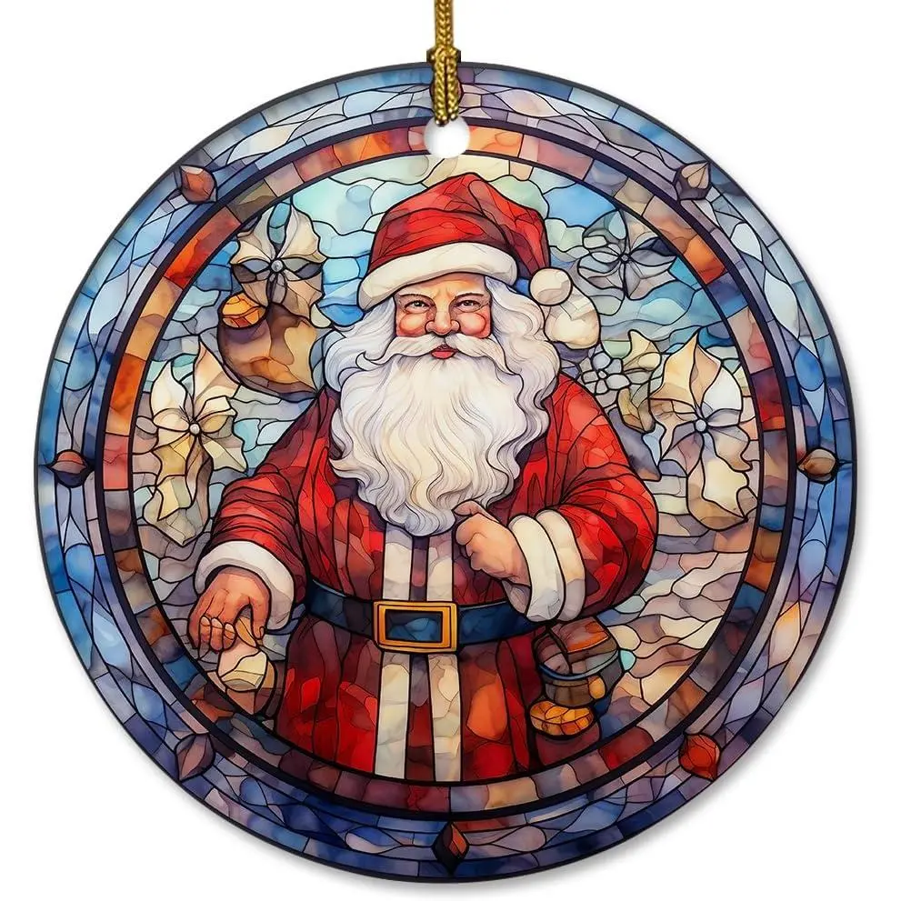 Elegant Santa Claus Christmas Ornaments - Stained Glass Style Ceramic Ornament for Christmas Tree Decoration,  Year