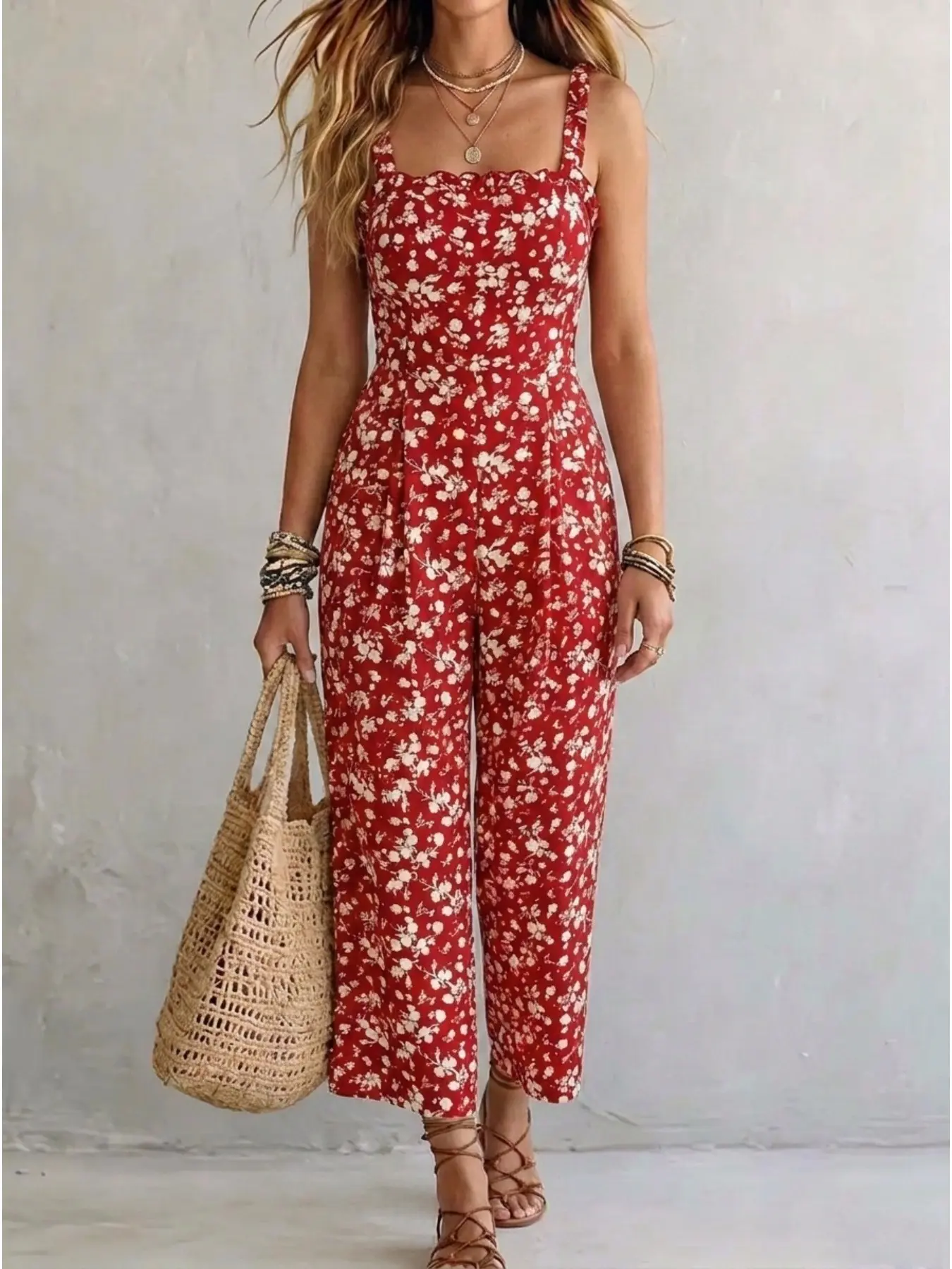 Plus Size Women's Holiday Ditsy Floral Print Thin Adjustable Suspender Jumpsuit, Versatile All Seasons Casual One Piece Outfit For Party Daily Outings