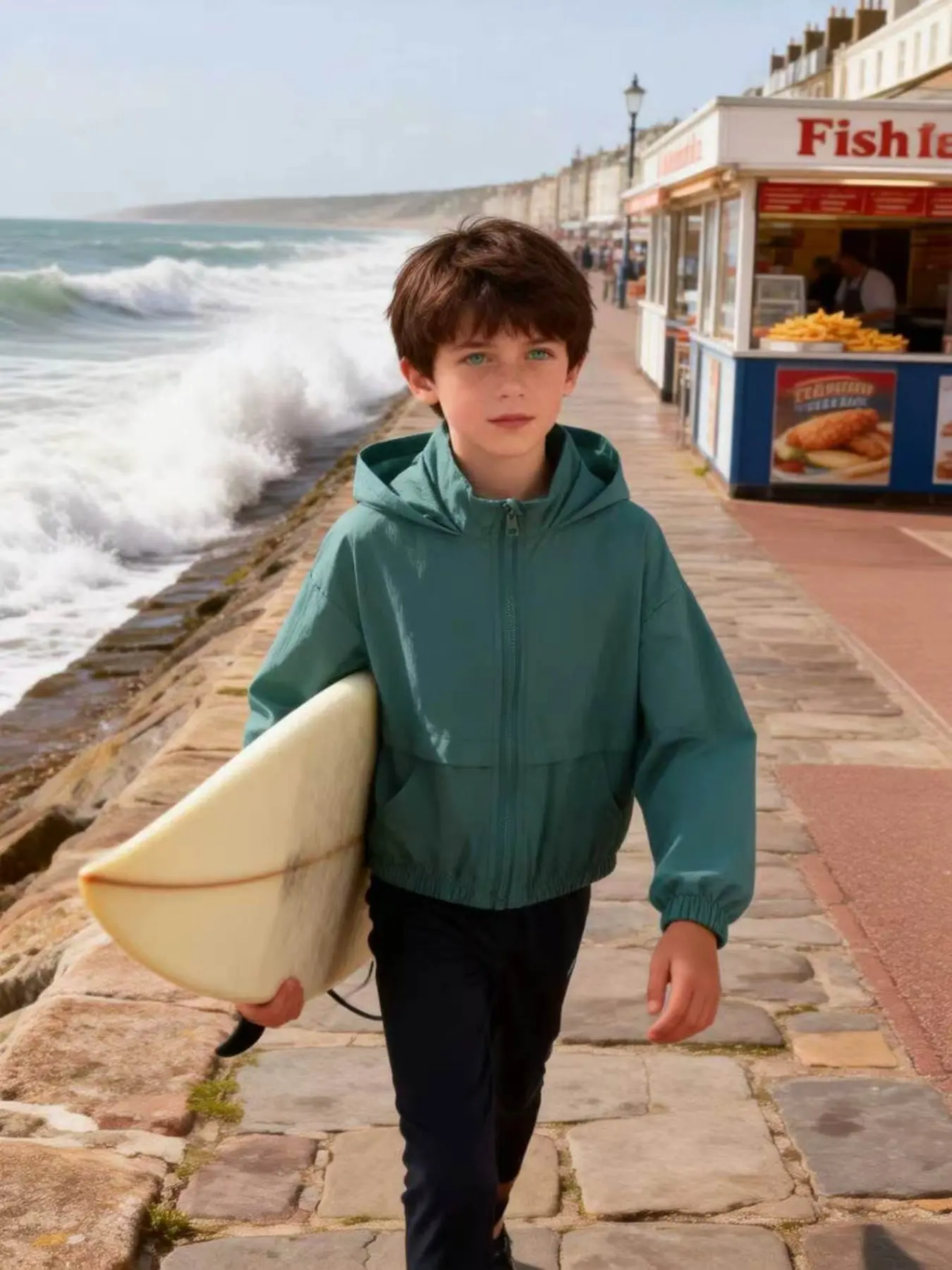 Boys' Light Blue Hooded Sun Protection Jacket, Casual Long Sleeve Zip-Up, Breathable Polyester, Loose Fit, Summer Outdoor Wear