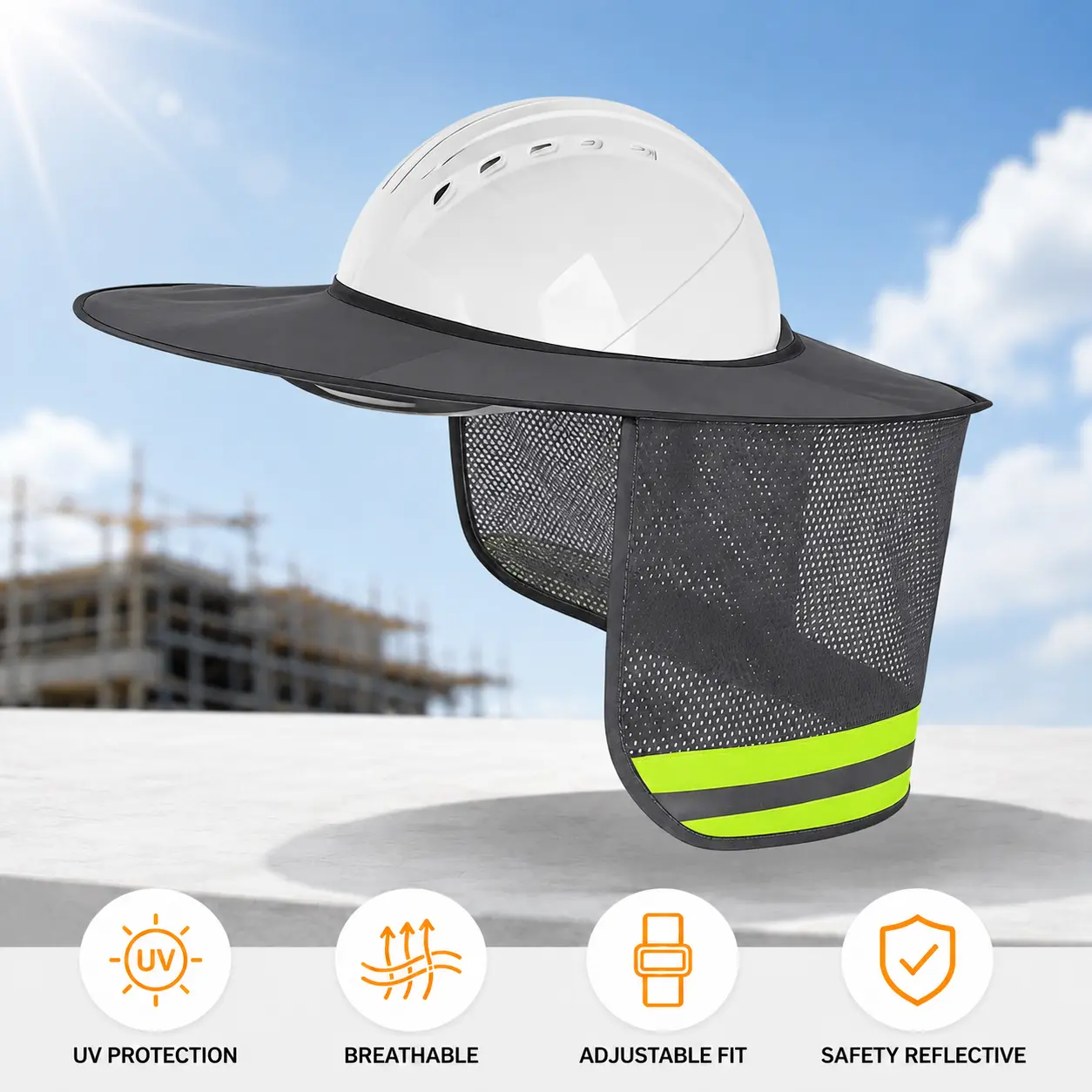 Hard Hat Sunshade for Full Brim Helmets, Lightweight Neck Cover with High-Visibility Reflective Strip for Sun Protection, Visibility Enhancing Protective Gear