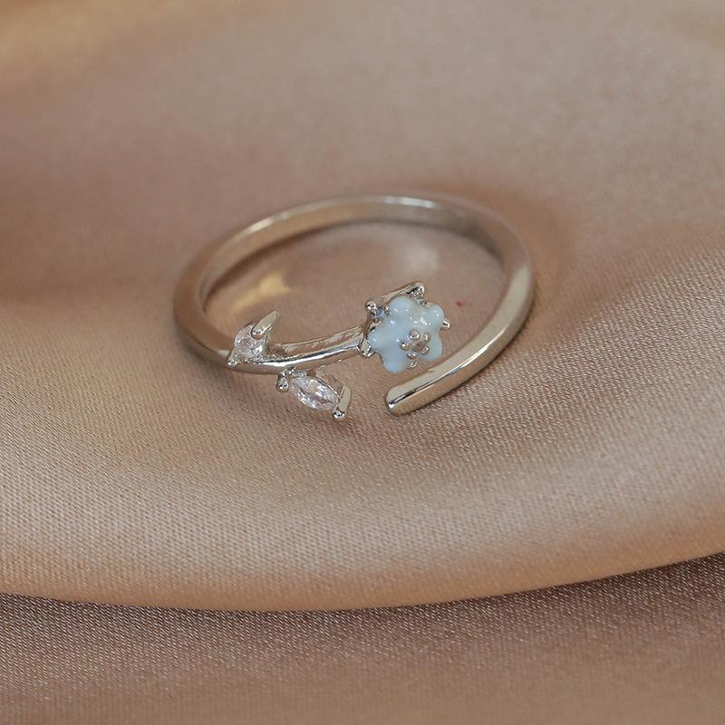Spring and summer macaron-colored oil-drip flower heart ring with zircon inlay, open niche ring for women, personalized index finger ring