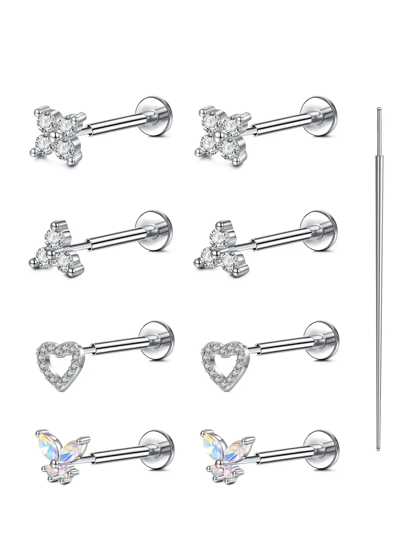 9Pcs Flat Back Earrings for Women, Stainless Steel Threadless Studs, 20G 6mm Push in Nose Studs with CZ, Helix Tragus Conch Daith Rook Cartilage