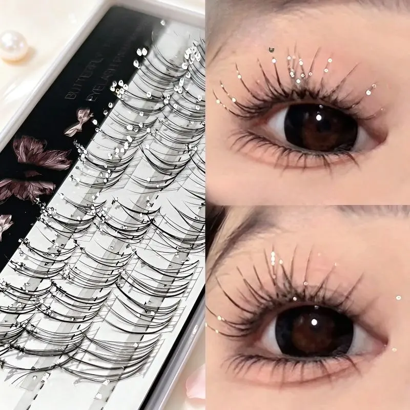 2 Boxes Glitter Rhinestone Cluster False Eyelashes, Sparkle Wispy Fairy Individual Lashes, Shiny Diamond Decorative Eye Lashes for Party & Stage Makeup