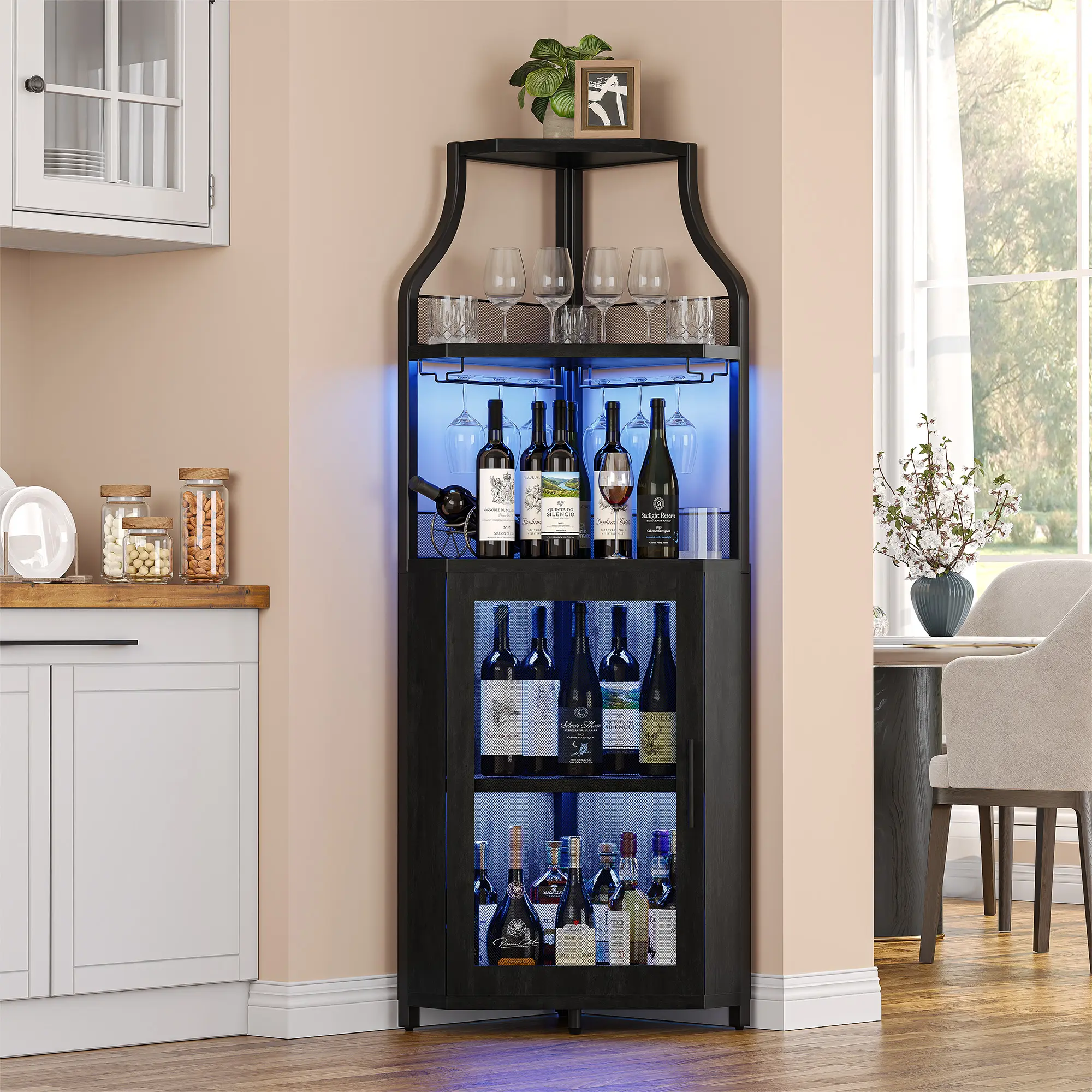 Industrial 5-Tier Corner Wine Bar Cabinet with LED Lights, Freestanding Liquor Storage Cabinet Built-in Wine Rack and Glass Holder, Adjustable Shelves Sideboard for Living Room and Kitchen, Rustic Brown