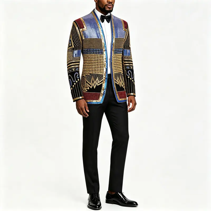Men Geometric Rhinestone Sequin Open Blazer, Luxury Velvet Sparkly Jacket, Singer Stage Costume Nightclub Party Tuxedo Coat, Menswear
