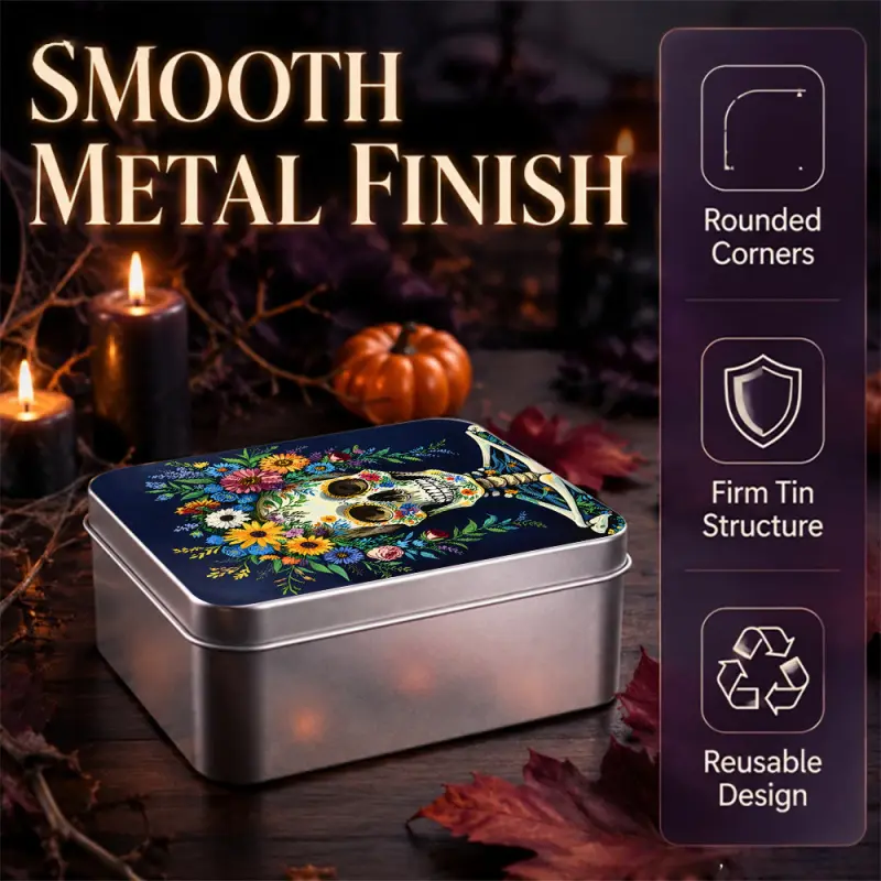Halloween Floral Skull Metal Storage Tin Box, Reusable Lightweight Multi-Purpose Metal Container, Compact Decorative Tin Case for Candy Jewelry Small Trinkets, Gothic Skeleton Flower Print Holiday Party Decor, Ideal Gift for Friends Family