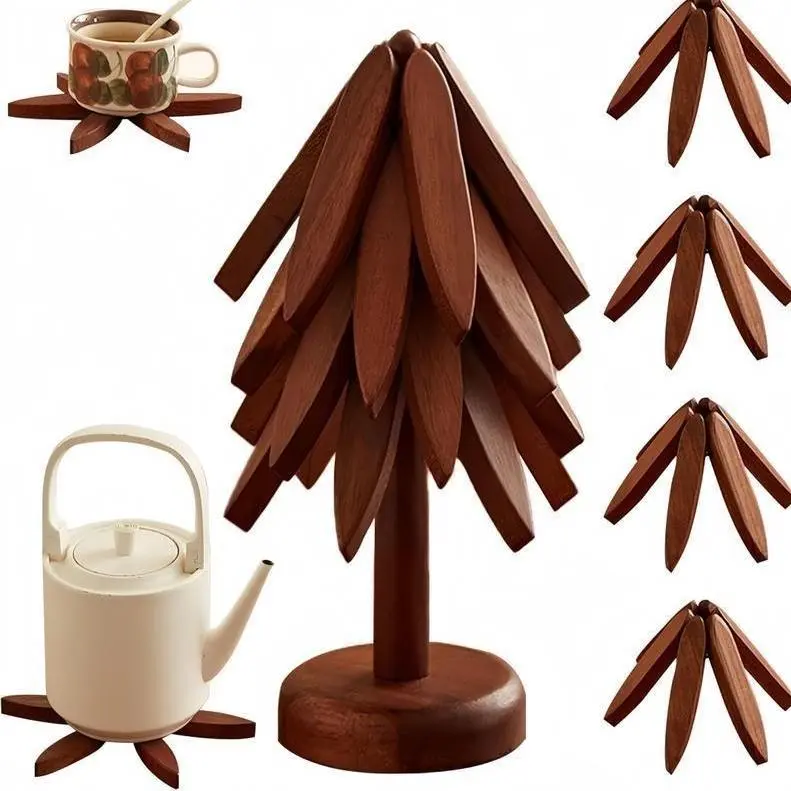 4PCS Foldable Wooden Trivets - Non-Slip Heat-Resistant Christmas Tree Holders | Hot Pot & Bowl Protectors | Come with Storage Stand | Christmas Kitchen Must-Have