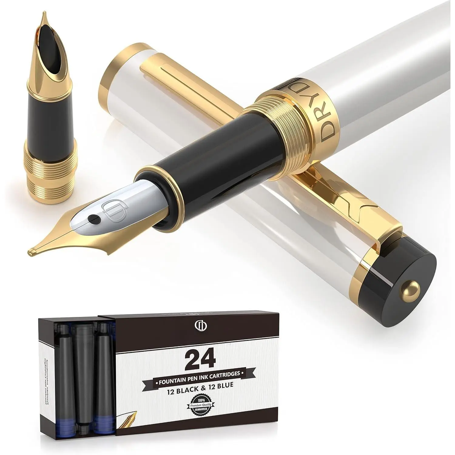 Fountain Pen - Medium and Fine Nibs | Includes 24 Ink Cartridges and Ink Refill Converter | Calligraphy Pen, Consistent Writing, Smooth Flow -  White.