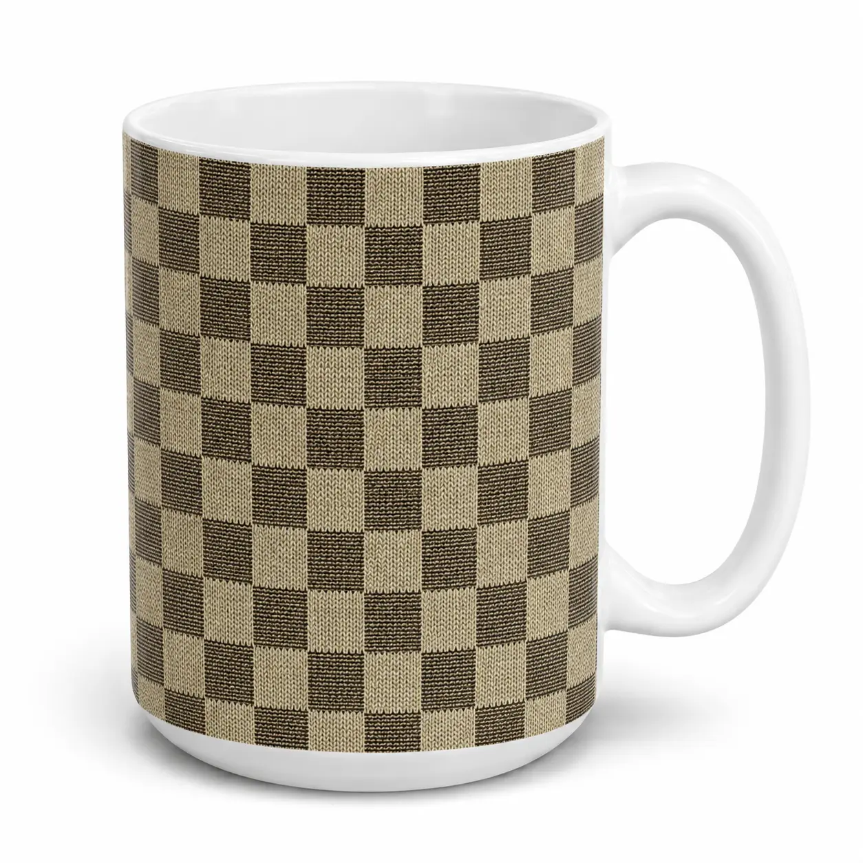 Brown Plaid Coffee Mug, 11oz 15oz Ceramic Mug with Printed Design, Rustic Checker Pattern Mug with Print, Neutral Tea Cup Gift for Coffee Lovers
