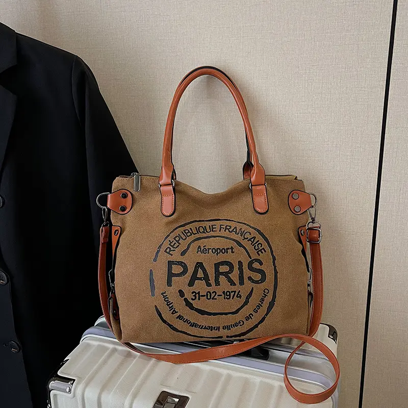 Retro French Paris Print Canvas Tote Bag, Women Large Capacity Multifunctional Handbag, Detachable Adjustable Strap Crossbody Bag For Commute Travel Shopping