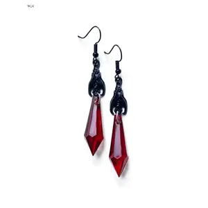 Red Crystal Drop Earrings Black Metal Gothic Dangle Statement Lightweight Feminine Daily Wear Special Occasion Perfect Gift Women Girls Versatile Fashion Jewelry Accessory Bold Sparkling Elegant Stylish Trendy Edgy Look
