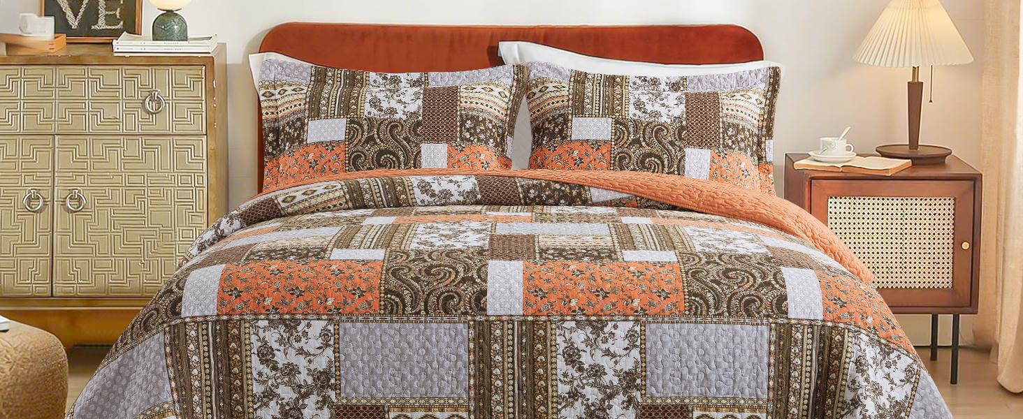 Cotton King Size for Farmhouse- Fall Patchwork Bedspread Set --Woven Soft Reversible King Size Bed Spread for All (Floral Orange) 3 Pieces
