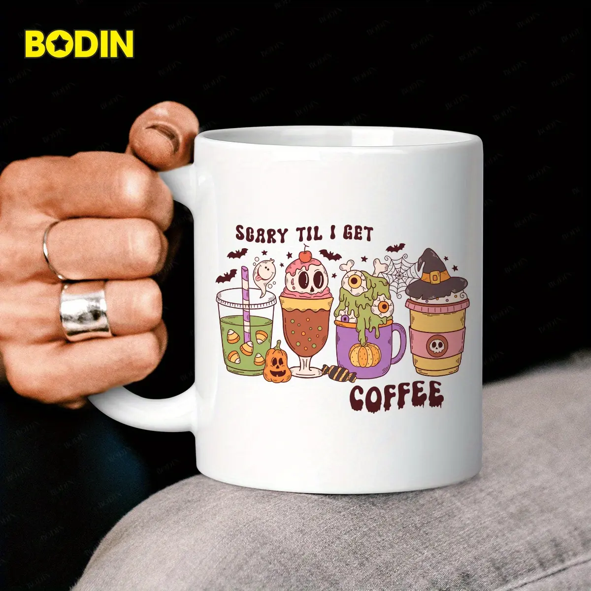 11oz Ceramic Single Mug - "Scary Til I Get Coffee" Letters Design, Modern Halloween Gift, Dishwasher Safe, Fun Spooky Kitchenware Drinkware for Family, Halloween Party Presents, Cup, Washable