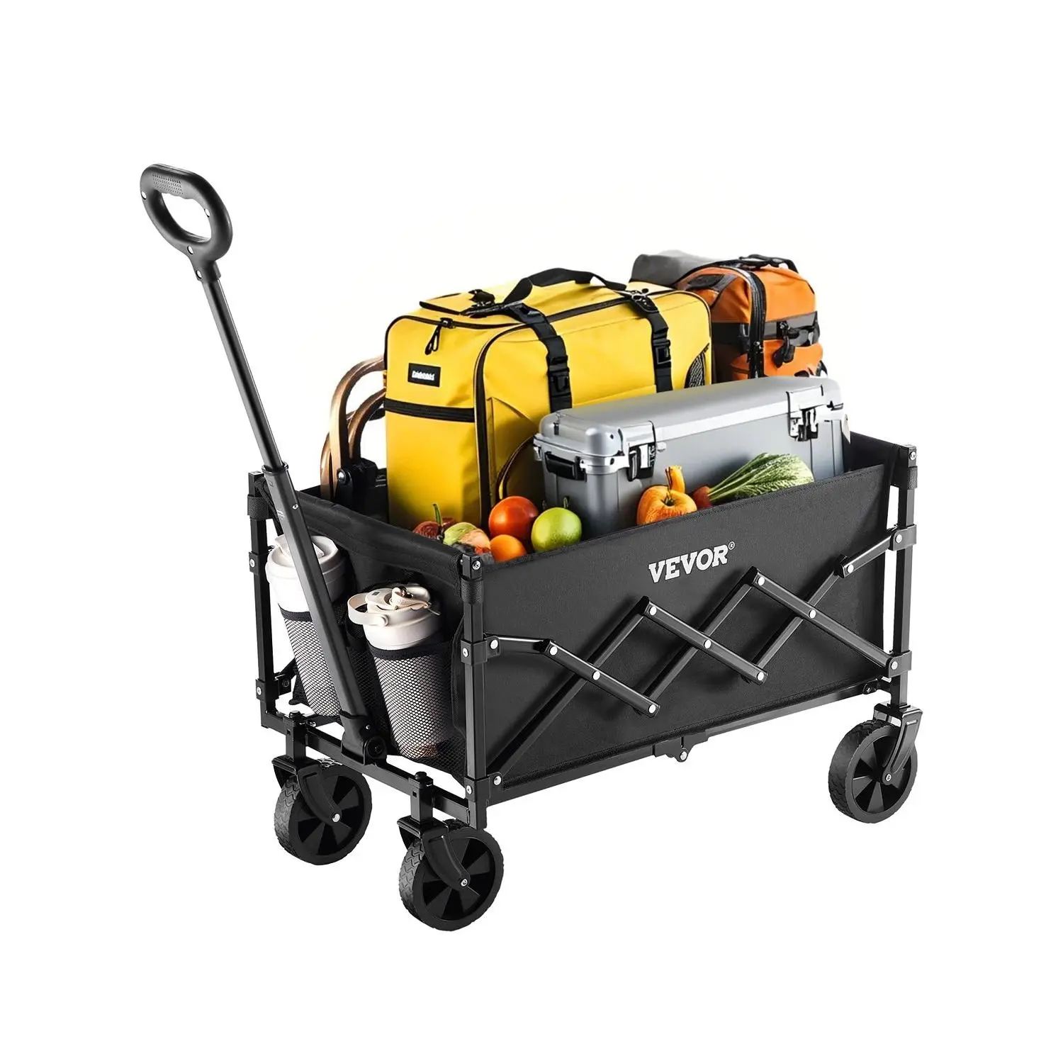 VEVOR Collapsible Wagon Carts, 120L 225LBS Folding Wagons with All-Terrain Wheels, Heavy Duty Outdoor Utility Cart with Adjustable Handle, Portable Camping Cart for Beach Grocery Garden Black