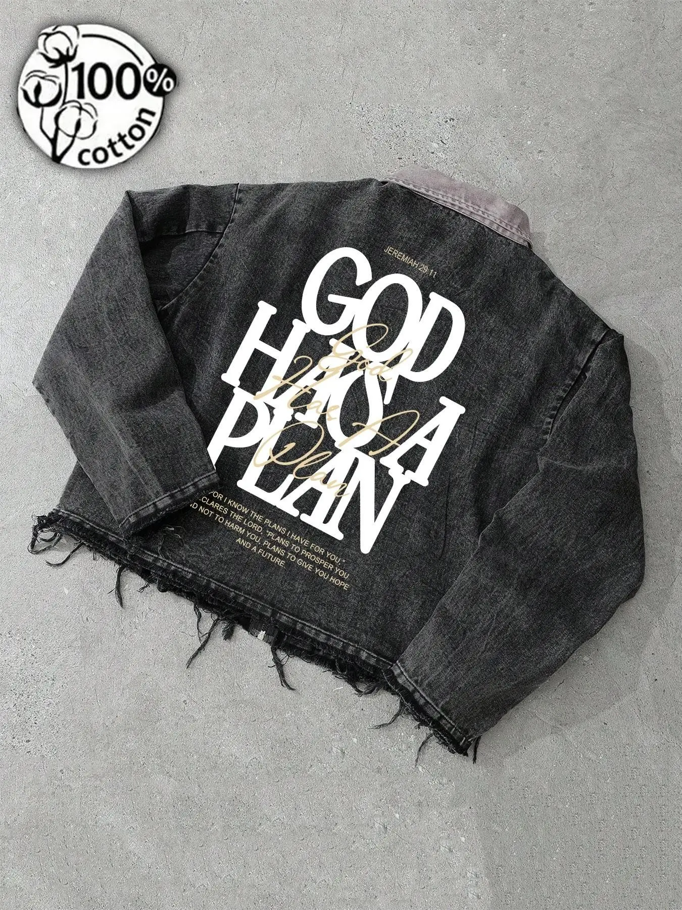 Men's Vintage Washed Black God Has a Plan Denim Jacket, Cotton Graphic Jacket, Jeremiah 29:11 Back Print, Raw Hem Boxy Christian Streetwear for Fall Winter