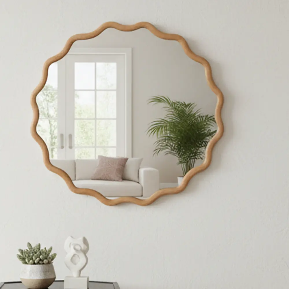Littleox Natural Wood Color 24 inch Wavy Round Solid Wood Frame Decorative Mirror,For Bedroom, Bathroom, Living Room, Entryway