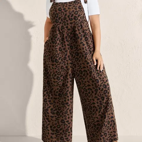 Women's Plus Size Long Sleeveless Animal Leopard Print Jumpsuit Overalls, Loose Wide Leg Pants with Pockets and Strappy Adjustable Knot Straps, Summer Casual Date Style, Casual Fashion Clothes, Casual Comfy Jumpsuit