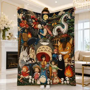 Studio Ghibli All-Characters Blanket, Vintage Watercolor Print, Starry Night Background, Soft & Cozy, Ideal for Miyazaki Fans
