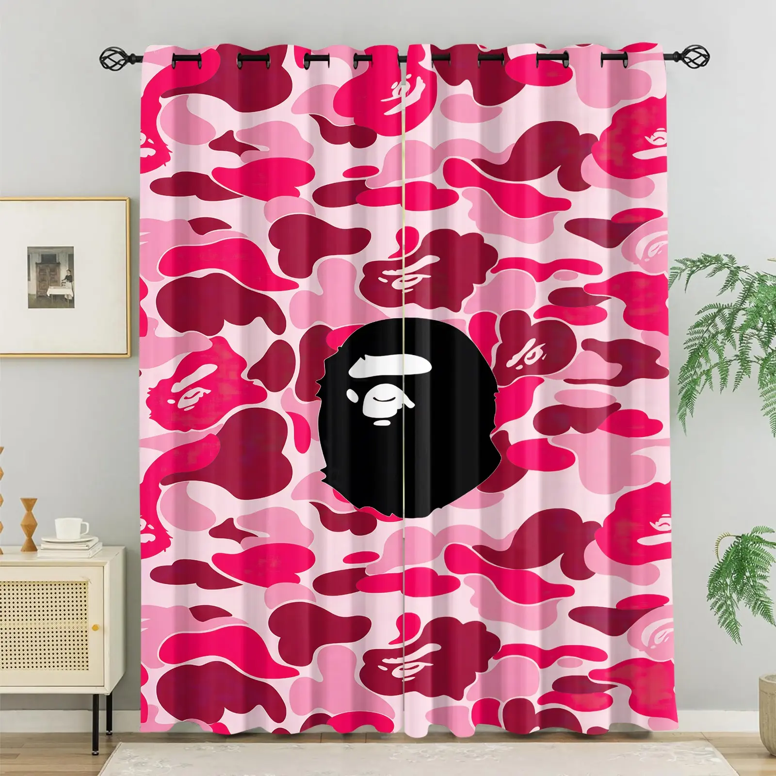 2 Panels Pink Camo Cartoon Monkey Blackout Curtains, Light Blocking Street Style Camouflage Print, No-Hook Washable Fabric, Room Darkening Window Drapes for Bedroom Living Room Decor, Hip Hop Home Gift, Polyester Curtain