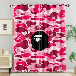 2 Panels Pink Camo Cartoon Monkey Blackout Curtains, Light Blocking Street Style Camouflage Print, No-Hook Washable Fabric, Room Darkening Window Drapes for Bedroom Living Room Decor, Hip Hop Home Gift