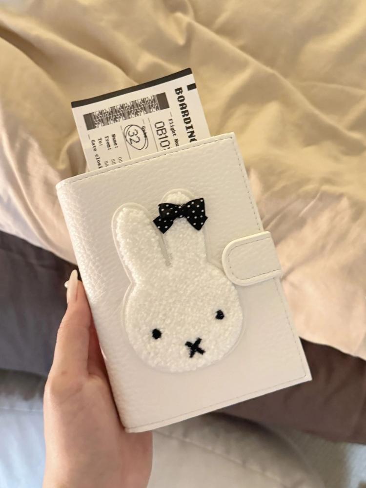 Miffy Plush Bunny PU Passport Holder Multi-Function RFID-Blocking Card Wallet with Kawaii Bow Couple's Mini Purse Perfect Gift