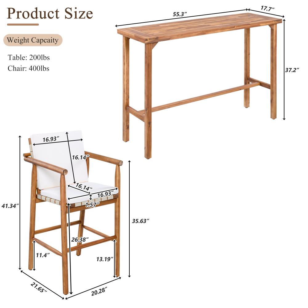 3 Piece Outdoor Bar Set, bistro Patio Acacia Wood Bar Height Table & 2 Stools with Cushions, Wood Dining Bar Set for Backyard, Poolside, Balcony, Beige Cushions