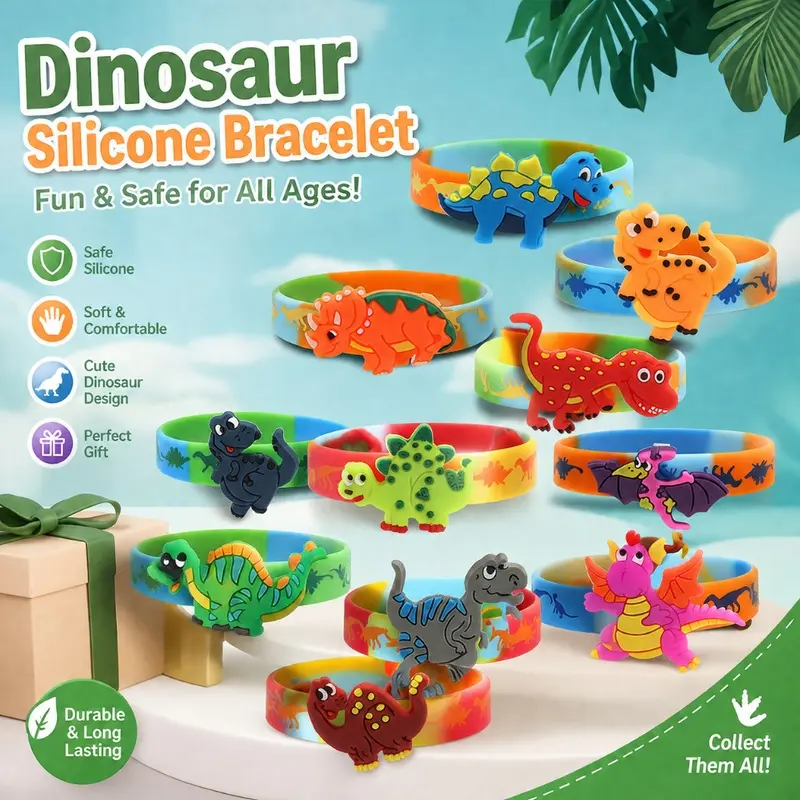 Colorful Tie Dye Dinosaur Silicone Wristbands, 3D Cartoon Dinosaur Rubber Bracelets for Boys, Kids Birthday Wrist Jewelry, Birthday Party Favors Goodie Bag Fillers Children Exchange Meet Gift