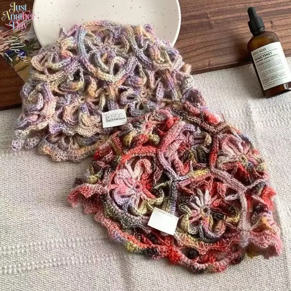 Boho Handmade Crochet Floral Knit Hat, Colorful Gradient Hollow Out Beanie, Breathable & Lightweight Knitted Cap, Trendy Headwear for Travel & Daily Use, Face Slimming Hat