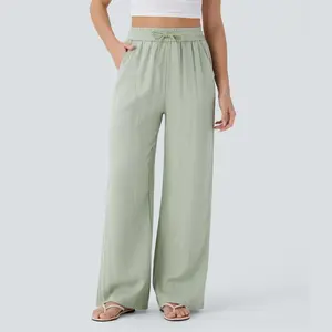 18ACTIVEKITHigh waisted drawstring pocket wide leg casual linen texture pants