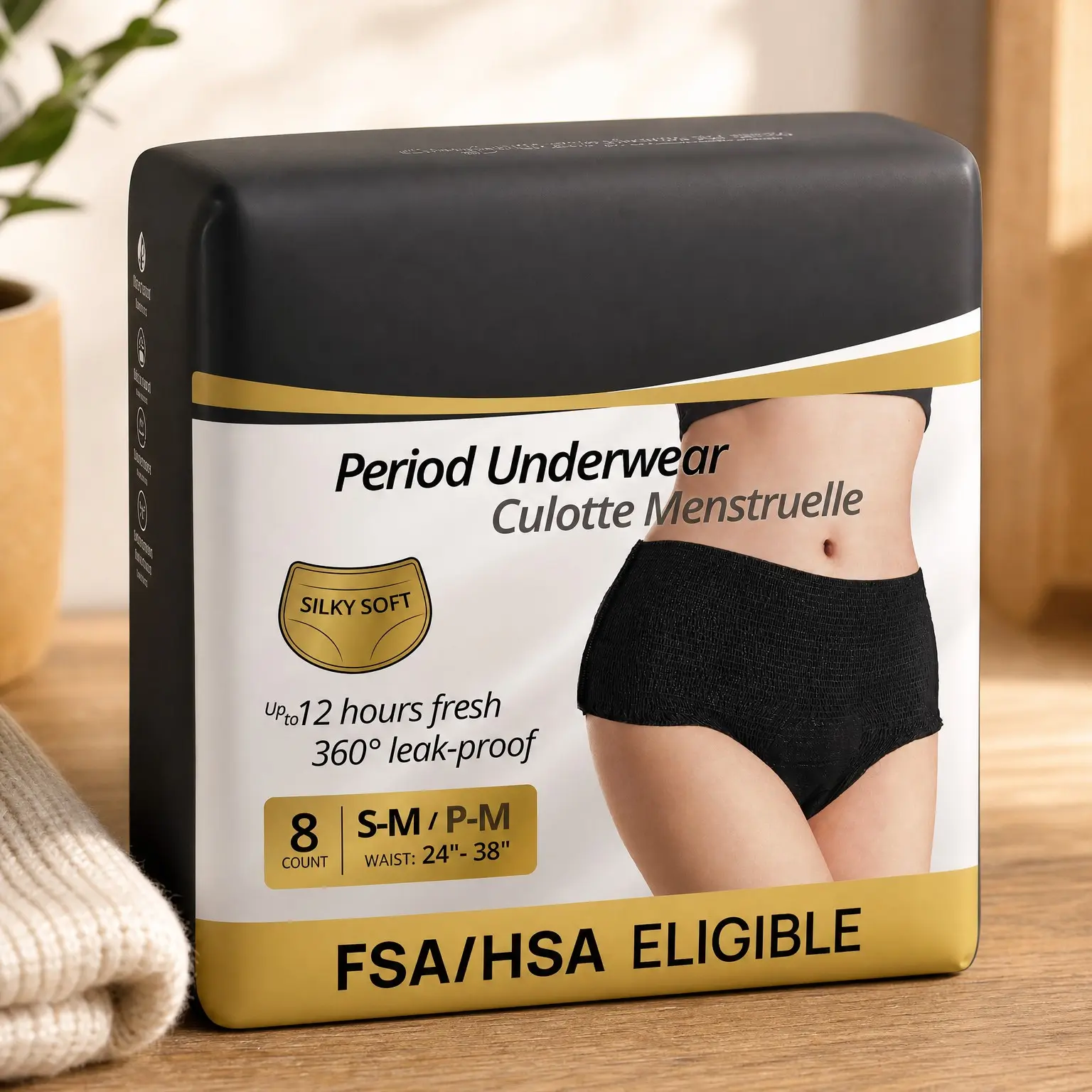 Disposable Postpartum Underwear for Women, Heavy Flow Period Panties, Leak Proof Maternity Knickers, Soft Comfort Fit, Unscented, S/M, Black, 8 Count
