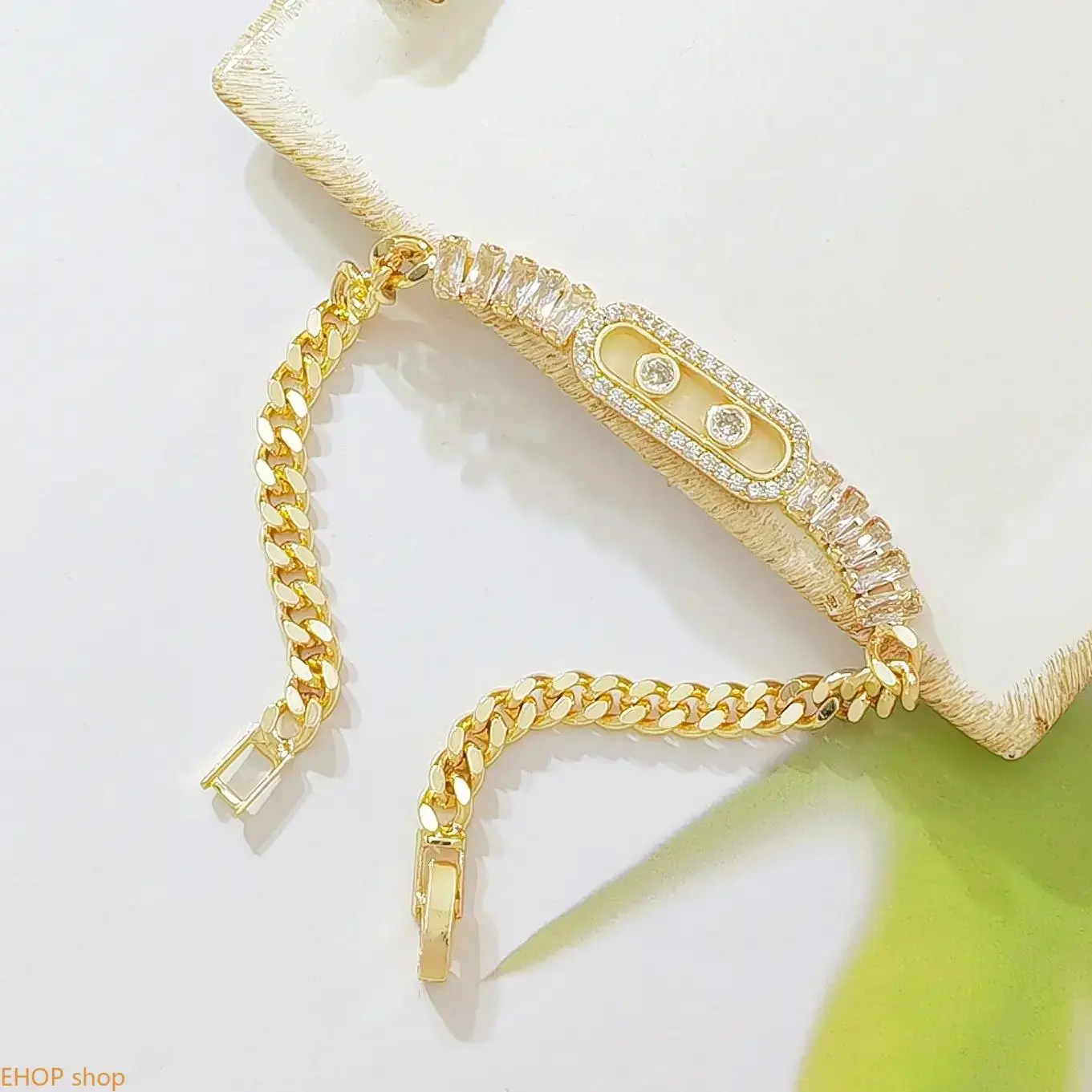 Gold Plated Cuban Link Bracelet for Women, Sparkling CZ Sliding Charm & Baguette Cut Zircon Inlaid Chain, Dainty Adjustable Fashion Jewelry for Daily Wear, Party & Gifting, Plain, Unisex