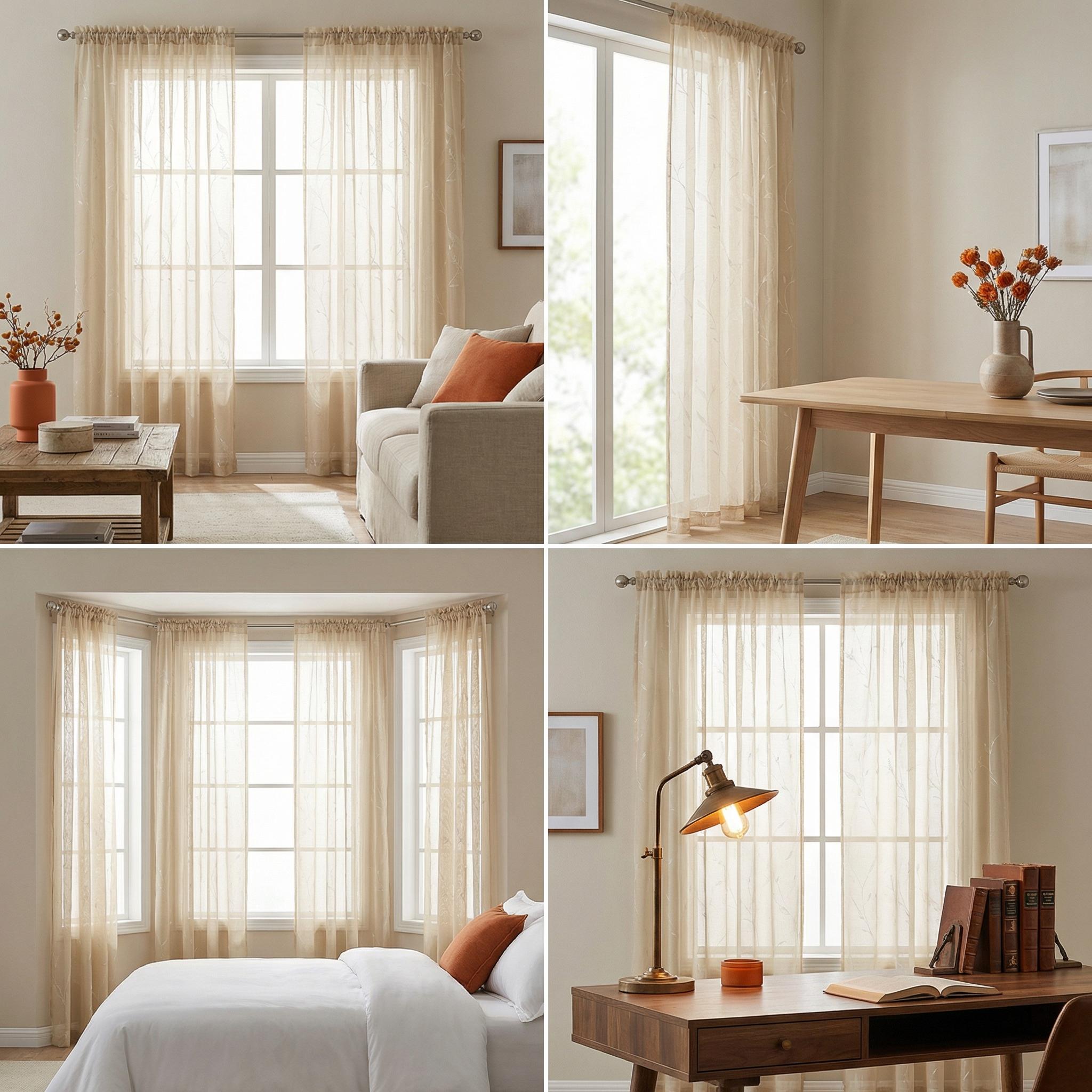 Window Wear 4 Panels 52x95inch Multi-layered sheer fabric embroidered curtains, with vine-shaped patterns, top featuring a rod attachment style. Lightweight, soft texture and good light Suitable for use in kitchens, bedrooms and living rooms L66